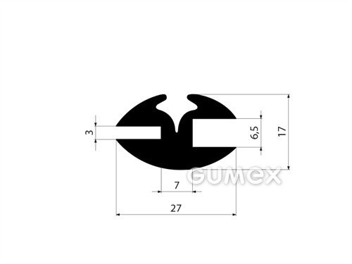 Gumový profil do okien dopravných prostriedkov, 17x27/3/6,5mm, odporúčaný klinkom 00598001, 70°ShA, EPDM, -40°C/+100°C, čierny